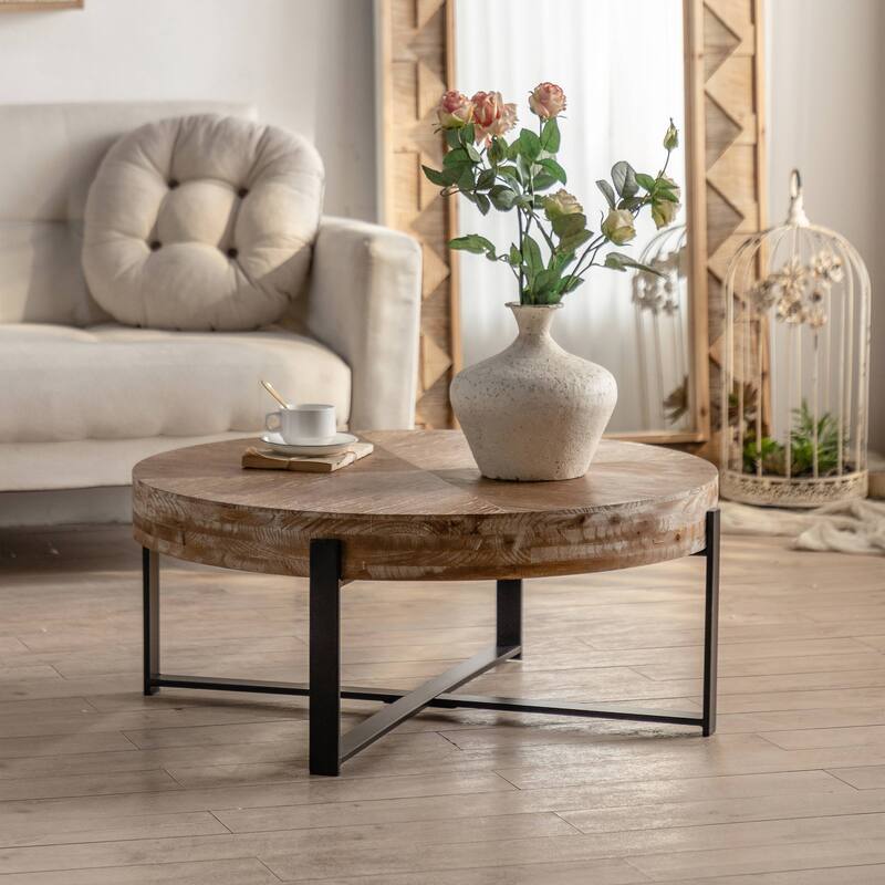 Round Coffee Table, 31 Inch Rustic Wood Table Top Cross Metal Legs Circle Coffee Table for Living Room