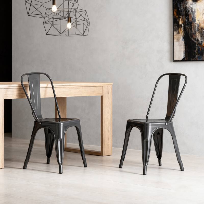 18" Modern Industrial Metal Stackable Grey Dining Chair, 2PCS - 18" W X 18" D X 33" H