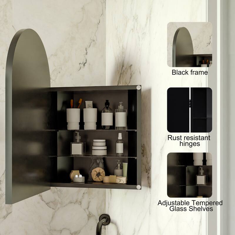 18x24 Inch Metal Corner Medicine Cabinet with Arched Mirror, Adjustable Glass Shelves, Space-Saving Bathroom Storage