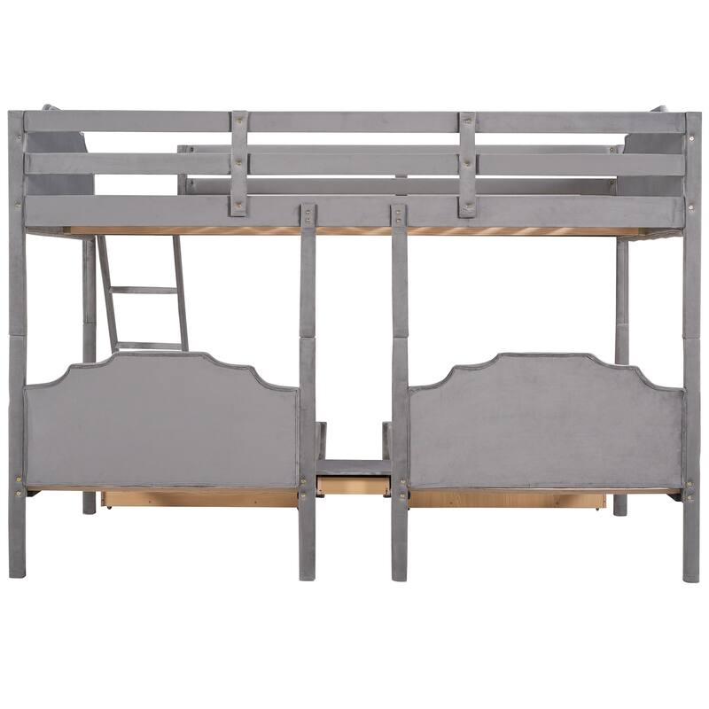 HomeRoots Gray Full Over Two Twins Solid Wood Bunk Bed With Drawers And Storage