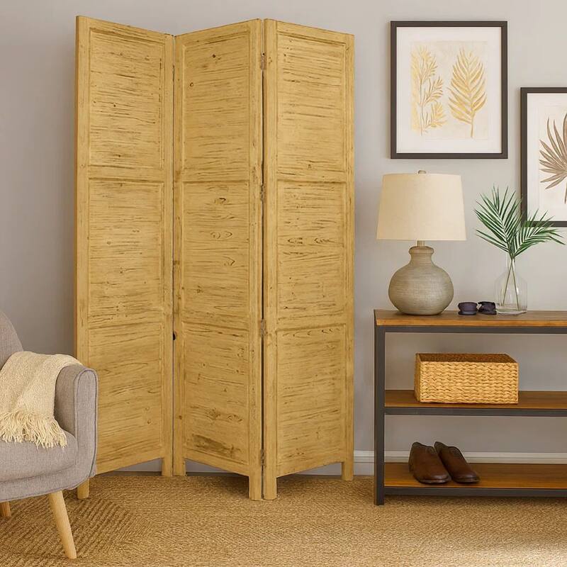 Wooden 4 Panel Foldable Floor Screen with Textured Panels, Yellow