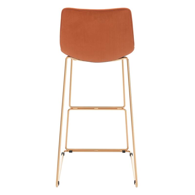 Set of 2 Orange Velvet Bar Height Chairs Modern Gold Frame Stools with Footrest and Backrest - 40.2”H x 18.5”W x 19.5”D