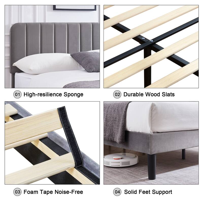 Javlergo Upholstered Platform Bed Frames with Height Adjustable Headboard, Sturdy Wooden Slats/Noise-free