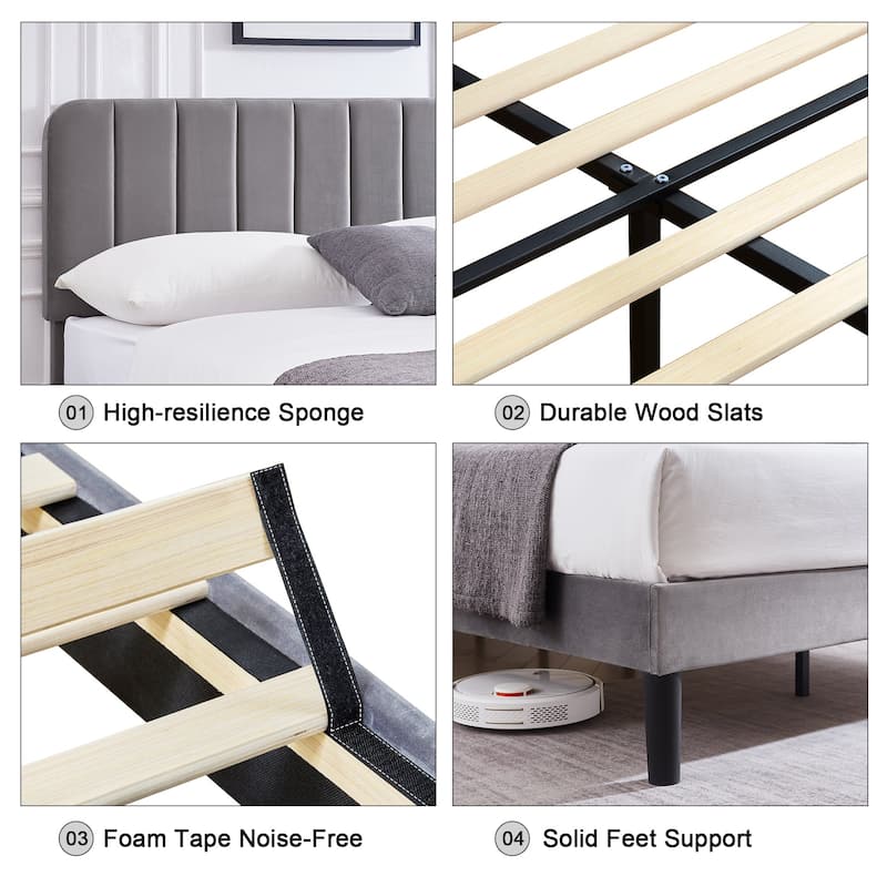 VECELO Velvet Upholstered Bed Frame with Vertical Channel Tufted Headboard, Adjustable Headboard, Wooden Slats Support