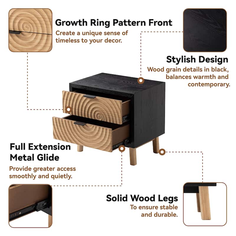 COZAYH Modern Farmhouse Nightstand, Drawer with Handcrafted Wood Ring Motif