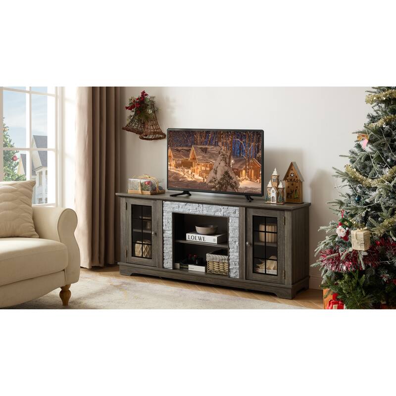 TV Stand with Cable Management Cutouts, Faux Stone Media Console Cabinet, 2 Door Entertainment Center for TVs up to 65''