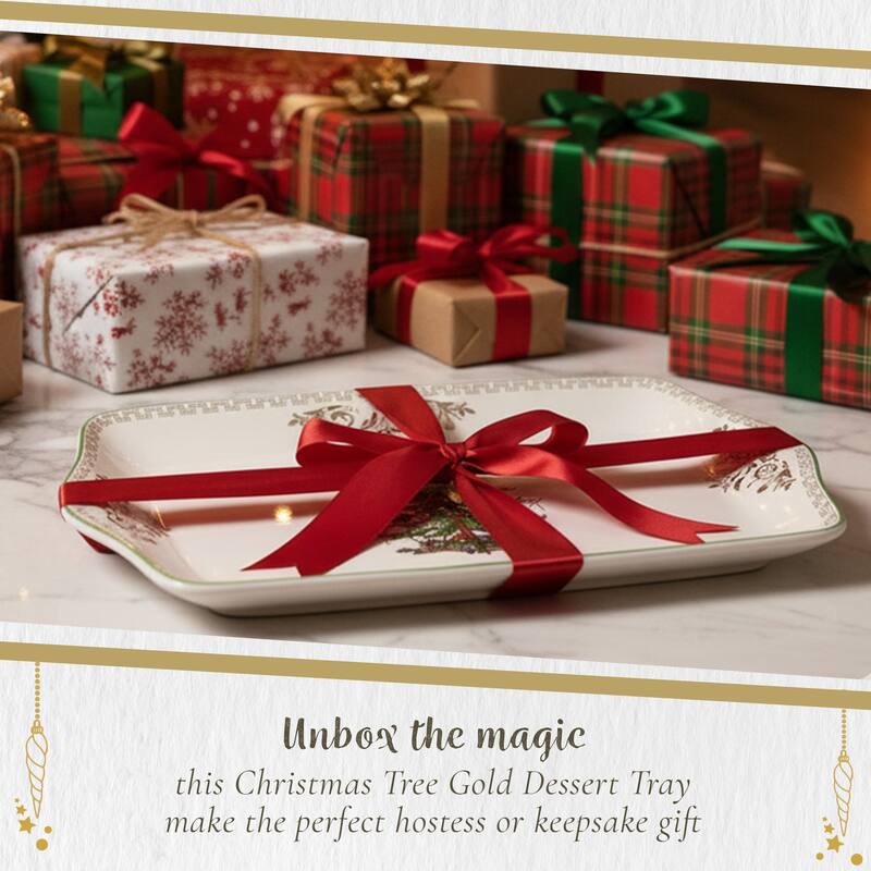 Spode Christmas Tree Gold Dessert Tray - 12" L x 7" W