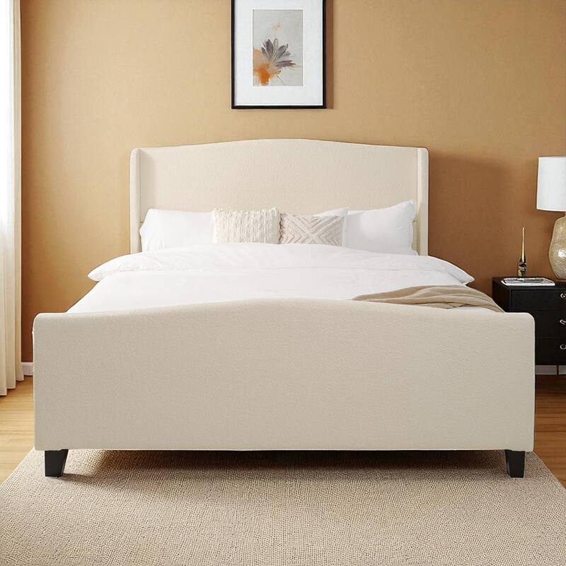 Twin/Queen/King Platform Bed, 49.21 in Upholstered Headboard, Teddy Velvet, 12-Slat Support, Solid Wood Legs, White