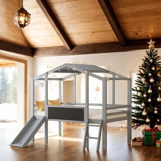 Twin Size Loft Bed with Ladder and Slide, House Bed with Blackboard and Light Strip on the Roof