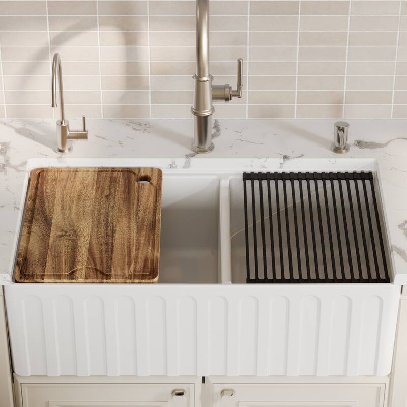 Karran 33" Double Bowl Workstation Fireclay Kitchen Sink with Reversible Fluted Apron Front