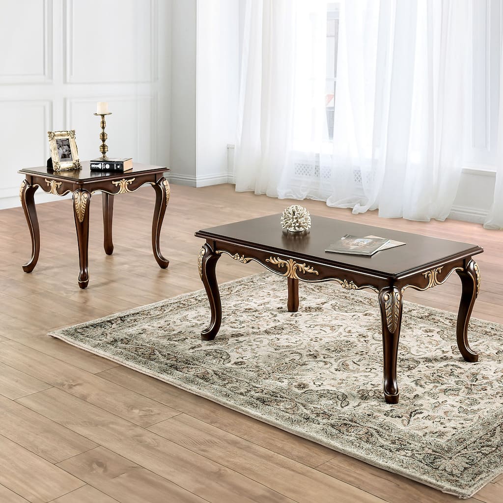 Furniture of America Mirabella Traditional Cherry Solid Wood 2-Piece Coffee Table and End Table Set with Carved Legs