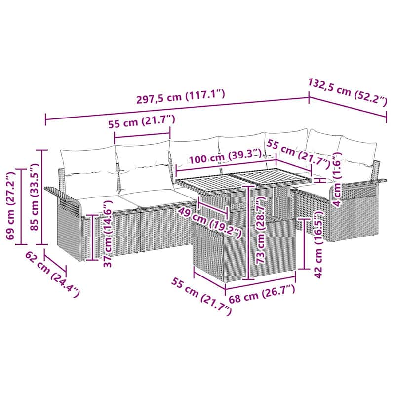 vidaXL 7 Piece Garden Sofa Set with Cushions - 117.1×52.2×27.2