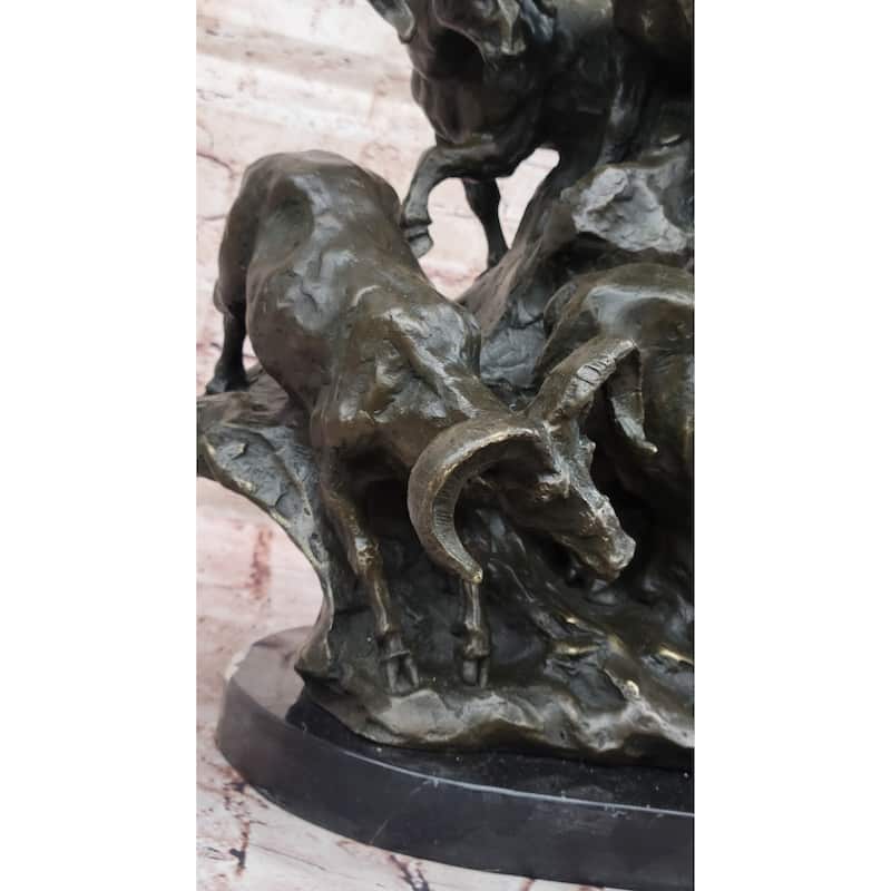 Dynamic Bronze Sculpture Of Rams On Rocky Outcrop – Wildlife Scene On Marble Base