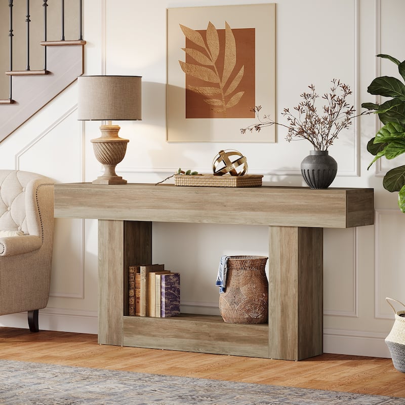 63 Inches Brown/ Gray Wood Console Table, Farmhouse Entryway Table for Hallway - Vintage Grey