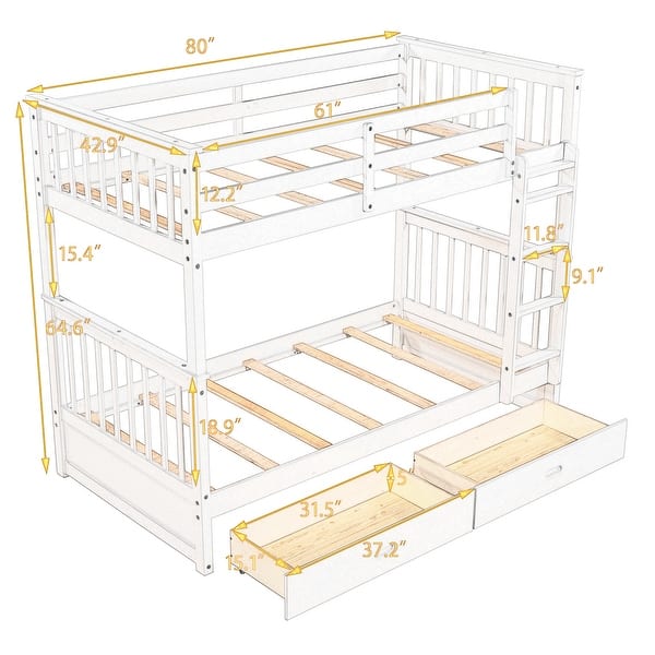 dimension image slide 1 of 5, Wooden Bunk Bed Frame with Pull Out Storage Drawers, Headboard, Footboard, Ladder, Full-length Guardrail for Kids, Teens