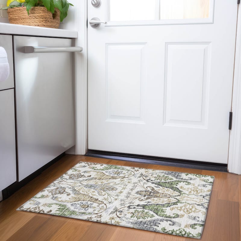 Machine Washable Indoor/ Outdoor Traditional Craftsman Chantille Rug - Ivory - 1'8" x 2'6"