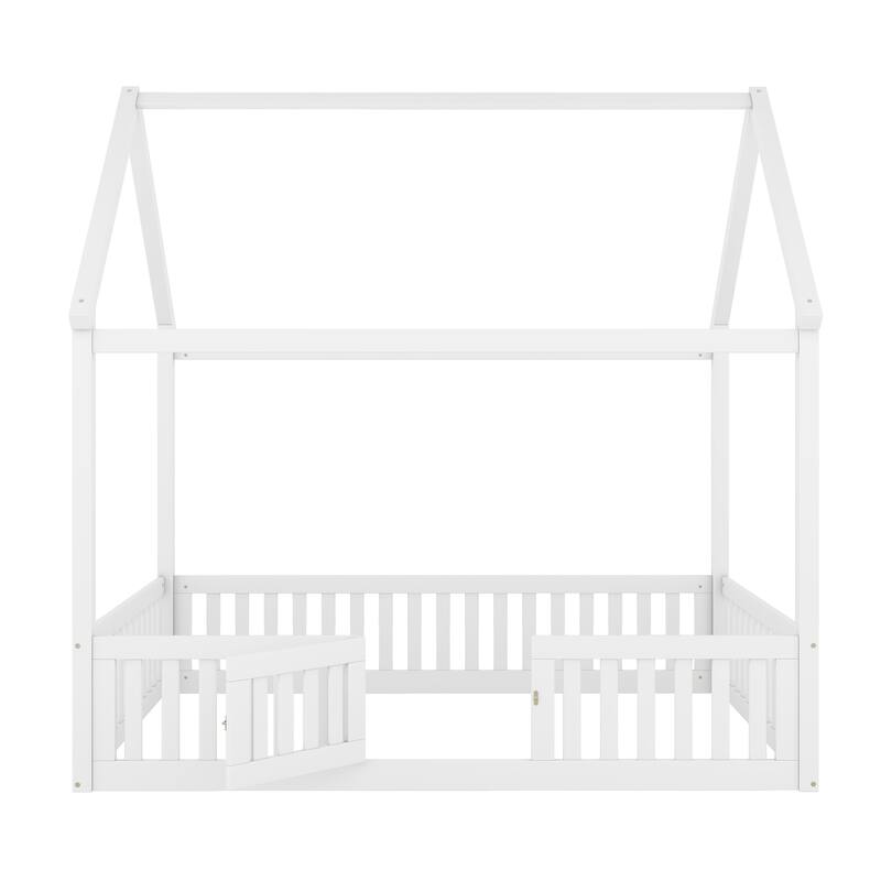 Full Size Kids House Bed Frame with Roof, Openable Door & Guardrail, Distressed White Wooden Playhouse Style Platform Bed