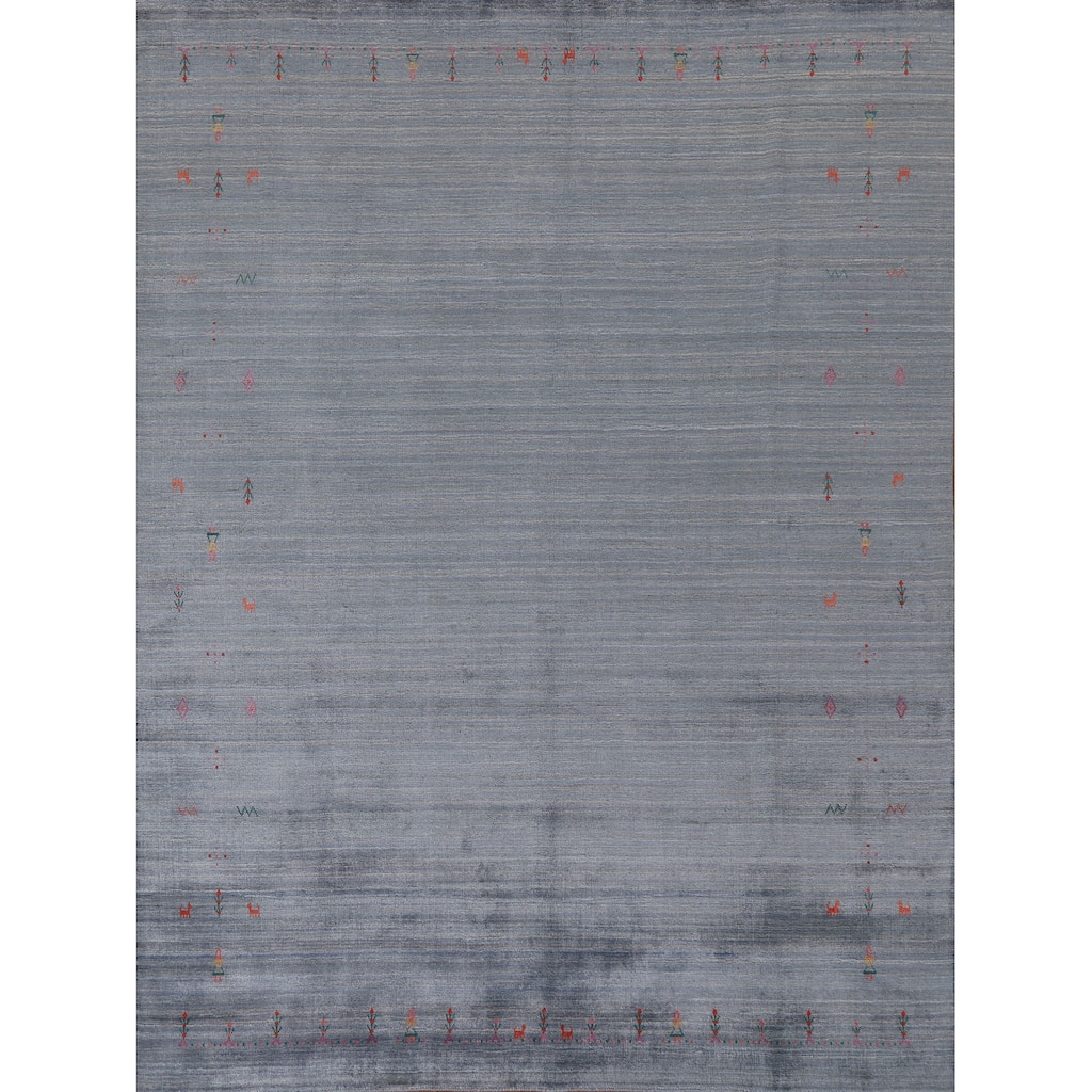 Blue & Gray Striped Gabbeh Oriental Area Rug Hand-Knotted Wool Carpet - 7'9"x 9'6"