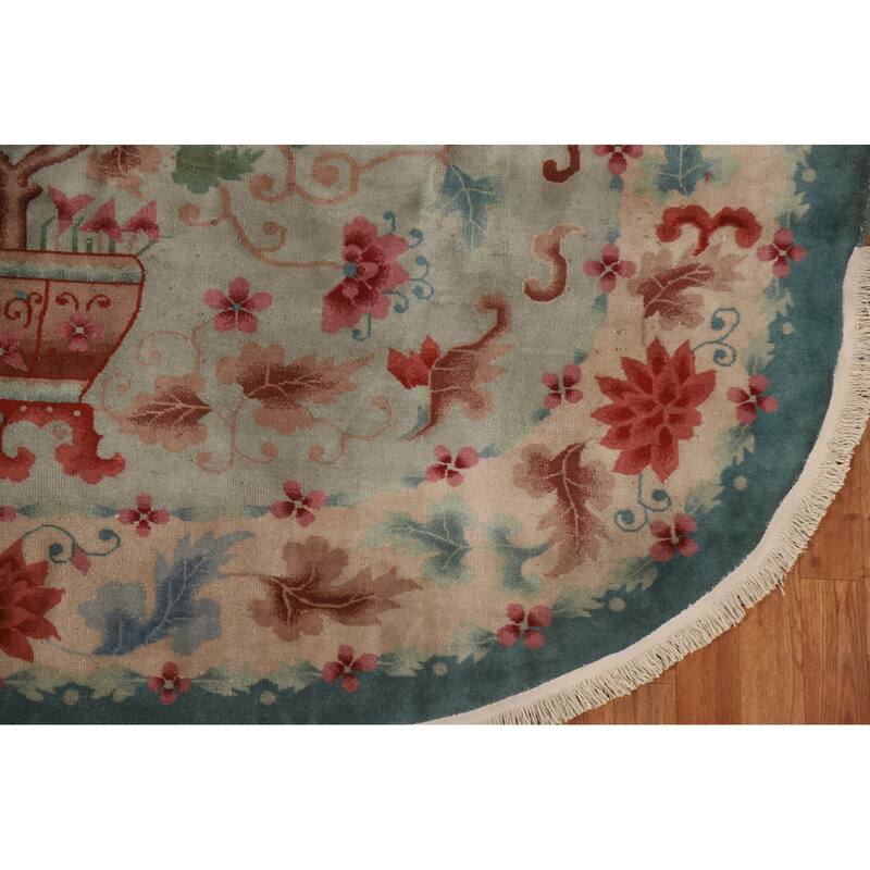 Hand Knotted Oriental 100% Wool Carpet Traditional Floral Green Art Deco Area Rug - 9' 8'' X 7' 11''