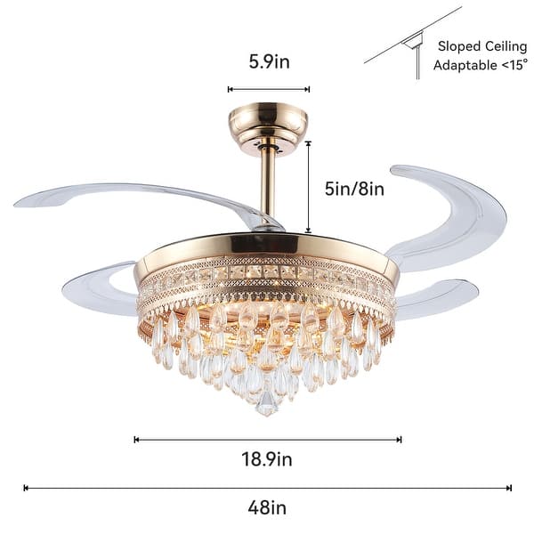 dimension image slide 3 of 6, 48-Inch Crystal Fandelier with 4 Retractable Blades, Dimmable LED, App and Remote Control - 48 Inches