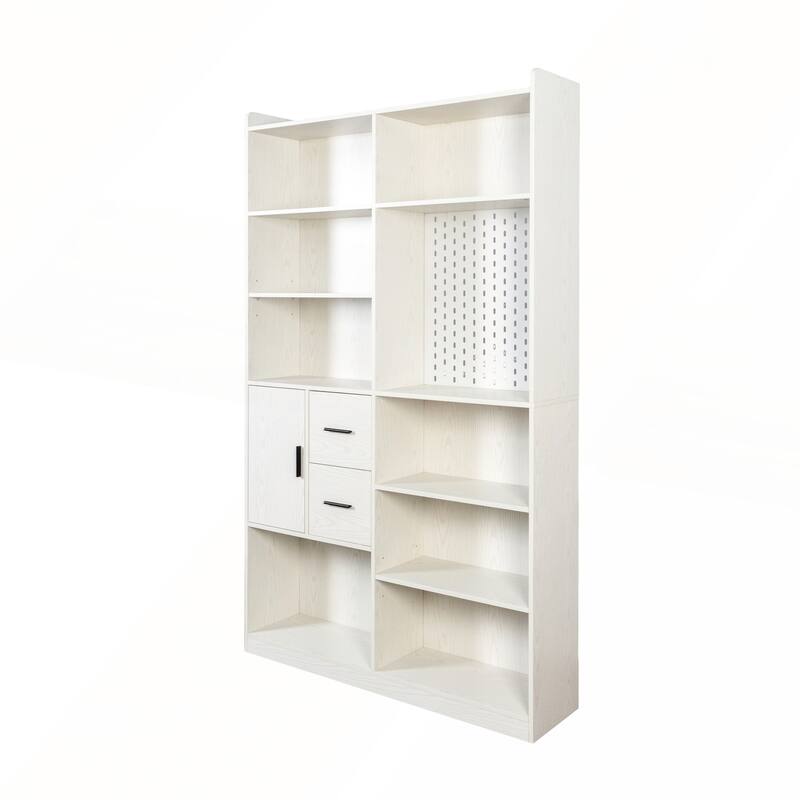 Modern Wide Wood Bookshelf and Bookcase with Pegboard and 9 Cubby Shelves for Living Room