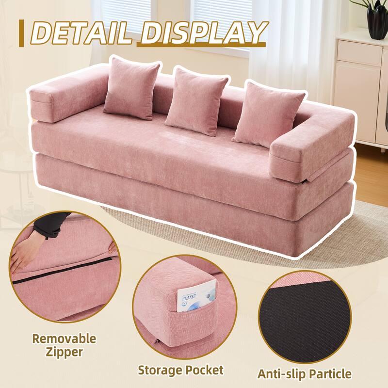 6-in-1 Folding Memory Foam Sleeper Sofa Bed Chenille Floor Chaise Lounge Couch with Side Pocket, Removable & Washable Cover