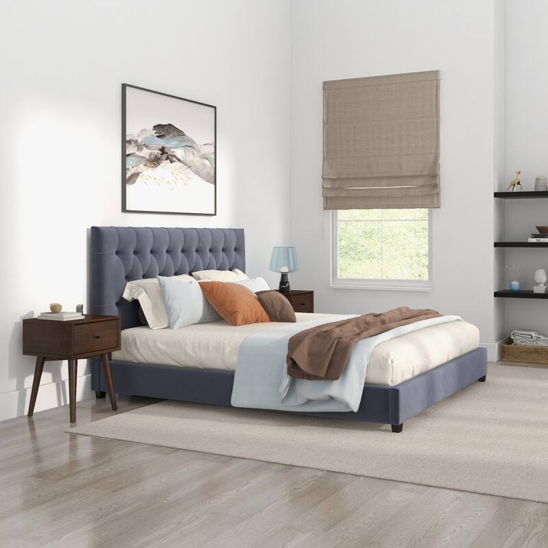 King Size Velvet Mid-Century Platform Bed with Tufted Headboard and Solid Wood Legs