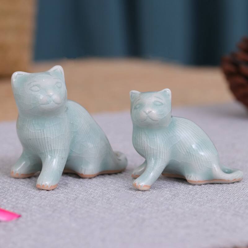 Novica Handmade Cat Allure Celadon Ceramic Figurines (Pair)