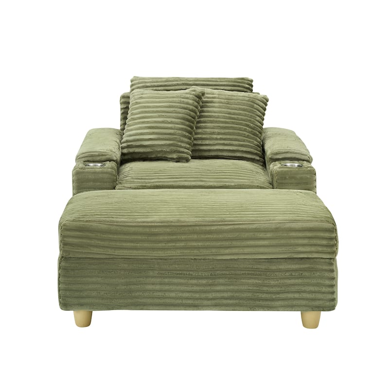 Corduroy Accent Chair & Storage Ottoman Set of 2, Single Sofa Armchair Lounge Chair with Pillows & Cup Holders