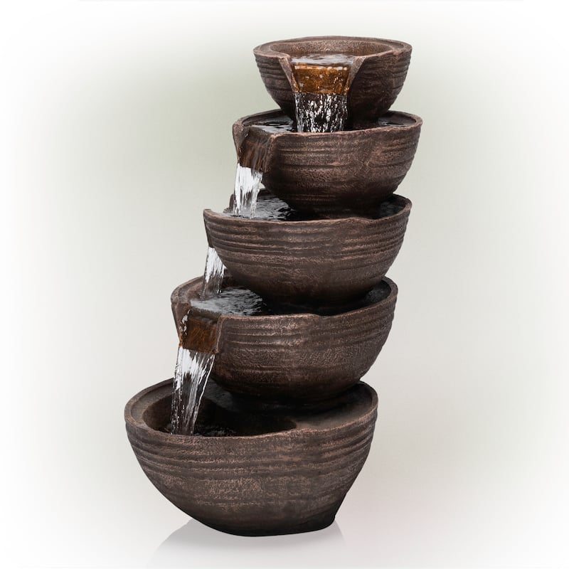 Alpine Corporation 34" Tall Outdoor 5-Tier Modern Bowl Cascading Waterfall Fountain with LED Lights