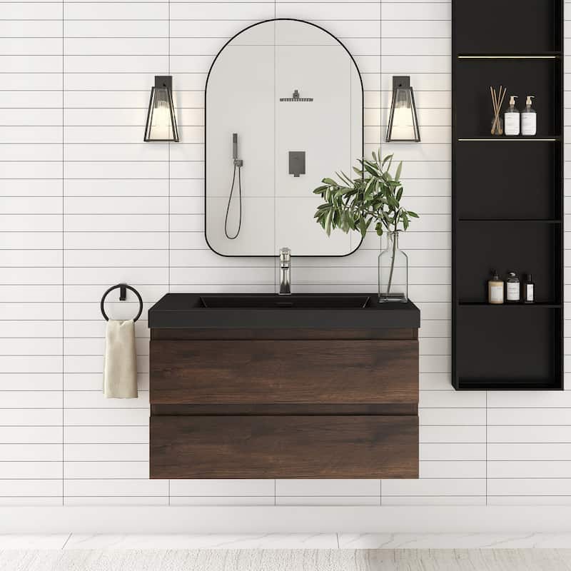 24/30/36 inch Wall-Mounted Bathroom Vanity Set in Rose Wood with Integrated Black Resin Sink