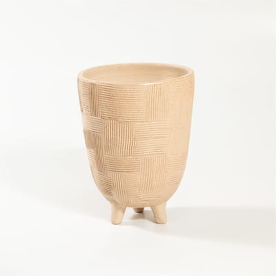 Lg Footed Pot Beige White Dia 8.5" & H 12" - Beige White