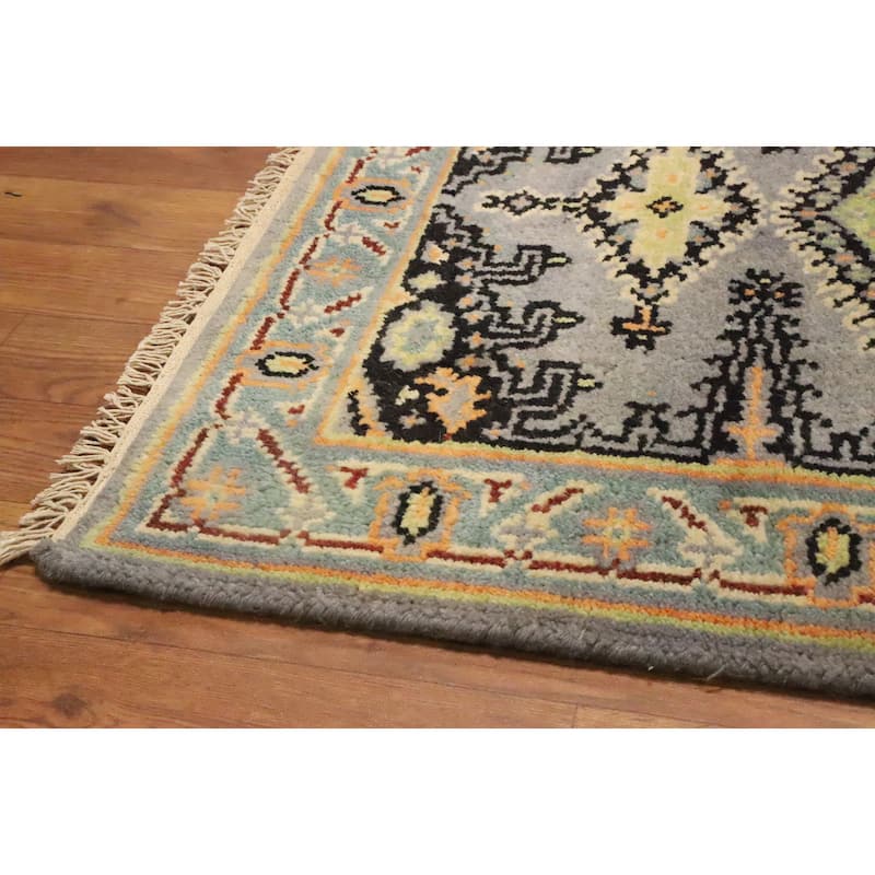 Hand Knotted Oriental 100% Wool Carpet Traditional Geometric Greys & Charcoal Viss Runner Rug - 7' 9'' X 2' 7''