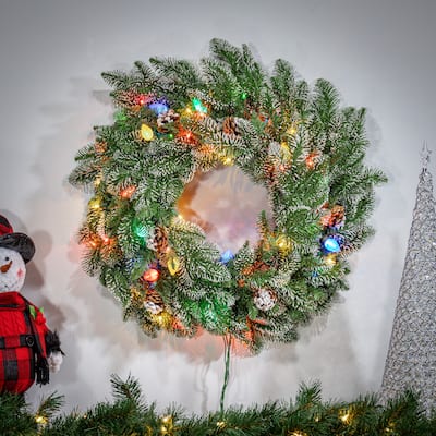24 in. Pre Lit Multi Colored UL Lightly Flocked Smoky Mountain Wreath - Green