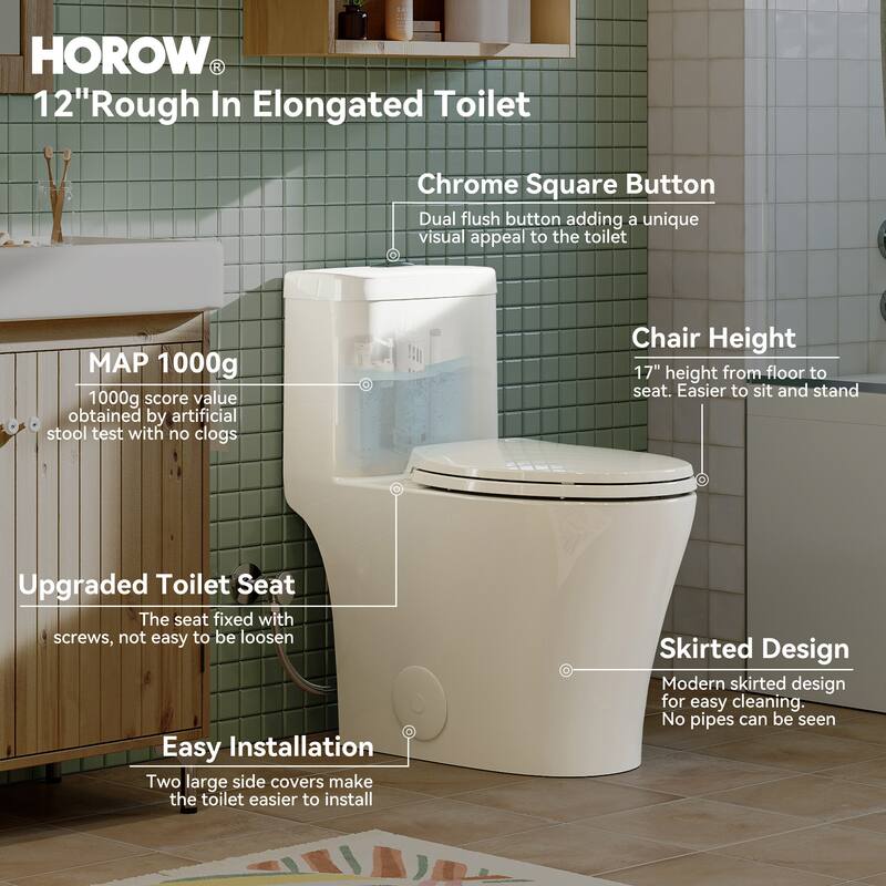 HOROW 1 Piece Compact Elongated ADA Height Dual Flush Toilet White 0.8 1.26 GPF 1000g Flush Seat Included