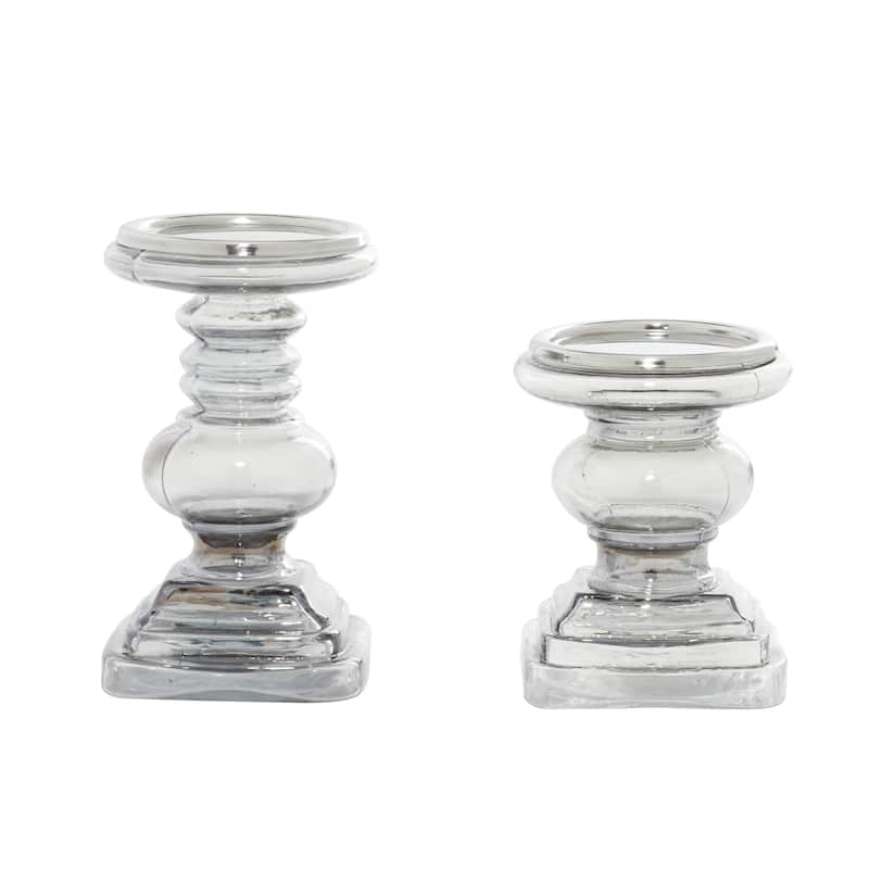 Silver or Clear Glass Handmade Turned Style Pillar Candle Holder (Set of 2)