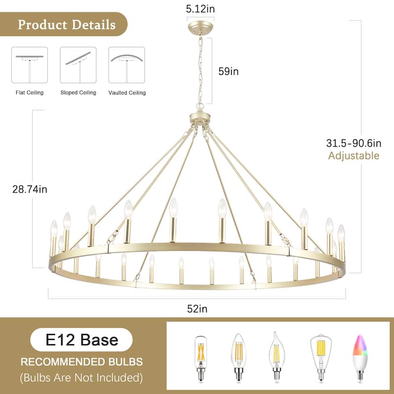 24-Light 51.97-inch Dimmable Round Wagon Wheel Chandelier for Dining Room