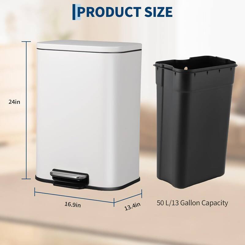 13 Gal Soft-Close Lid Stainless Steel Trash Can for Kitchen, Bathroom, Office