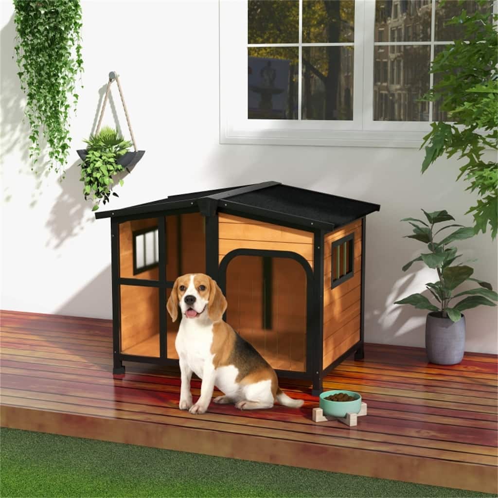 Natural Wooden Dog House with Weatherproof Asphalt Roof, Raised Floor & Openable Roof for Easy Access