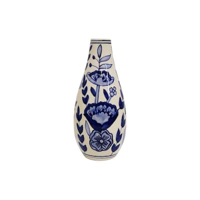 Home&Manor Ceramic Slim Vase White/Blue