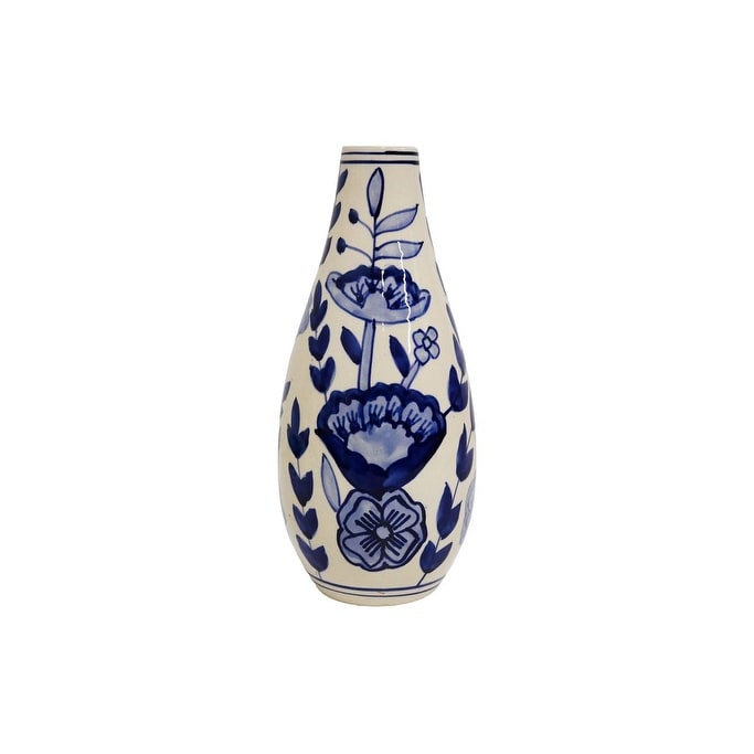 Home&Manor Ceramic Slim Vase White/Blue