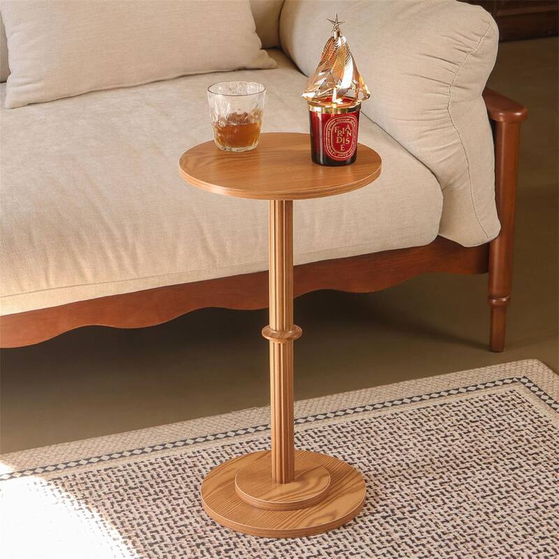 Modern Round End Table with Fluted Wood Leg