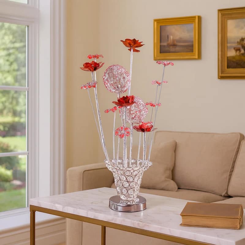 Accent Table Lamp, LED, Red Roses Trumpet Crystal Vase, Chrome 21 Inch