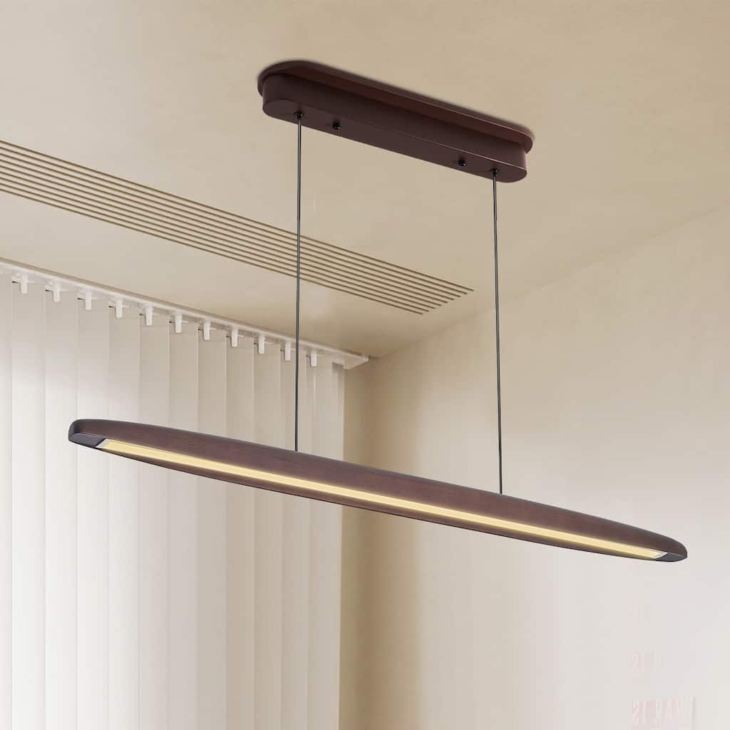51" Streamline Wooden LED Pendant Light with Remote Control, Adjustable Hanging Light