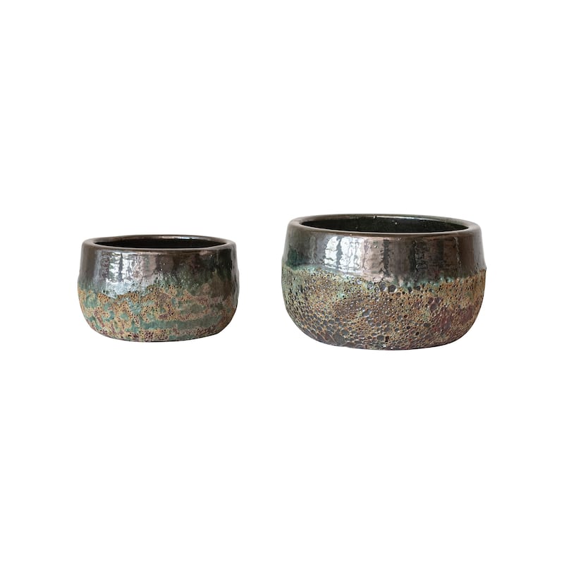 Textured Terra-cotta Planters, Set of 2 - 14.6"L x 14.6"W x 8.7"H - 14.6"L x 14.6"W x 8.7"H - Multi