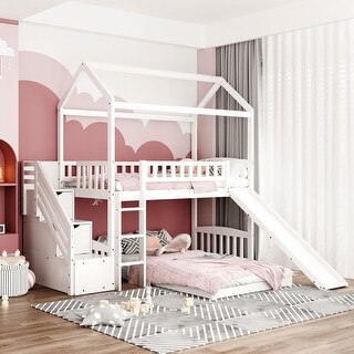 Twin Over Twin Bunk Bed with Slide and Two Drawers, House Bed with Slide
