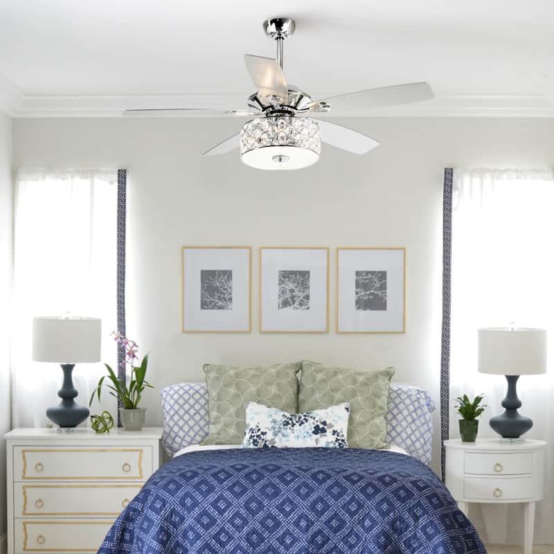 52" Indoor Chrome Crystal Chandelier Ceiling Fan with Light and Remote Control - 52 in. W X 52 in. D X 19.3 in. H