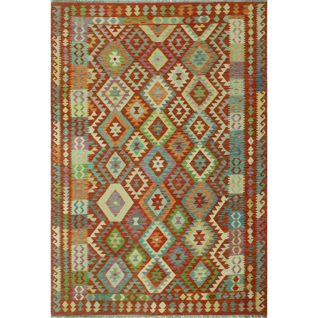 Hand-Woven Sangat Kilim Nobu Rust/Green Rug - 6'6" x 9'7"