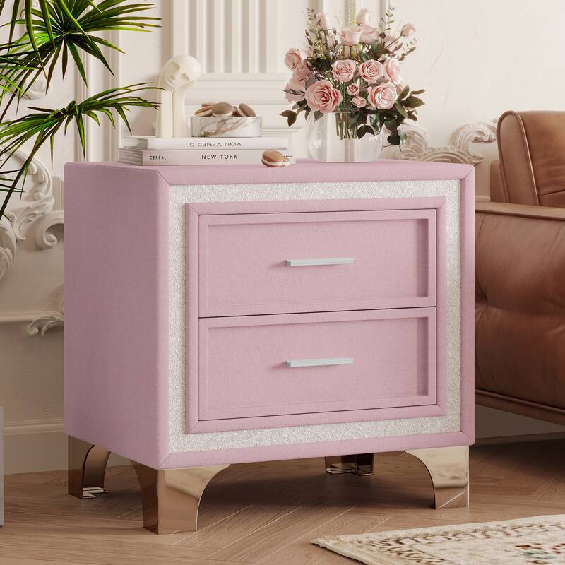 3-Pieces Bedroom Sets, Upholstered Platform Bed with Flower Pattern Velvet Headboard ,and Two Nightstands with 2 Drawers