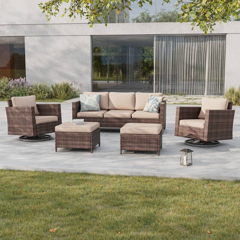 BONOSUKI 5Pcs Patio Furniture Swivel Rocking Sofa Set Brown Rattan - Sand
